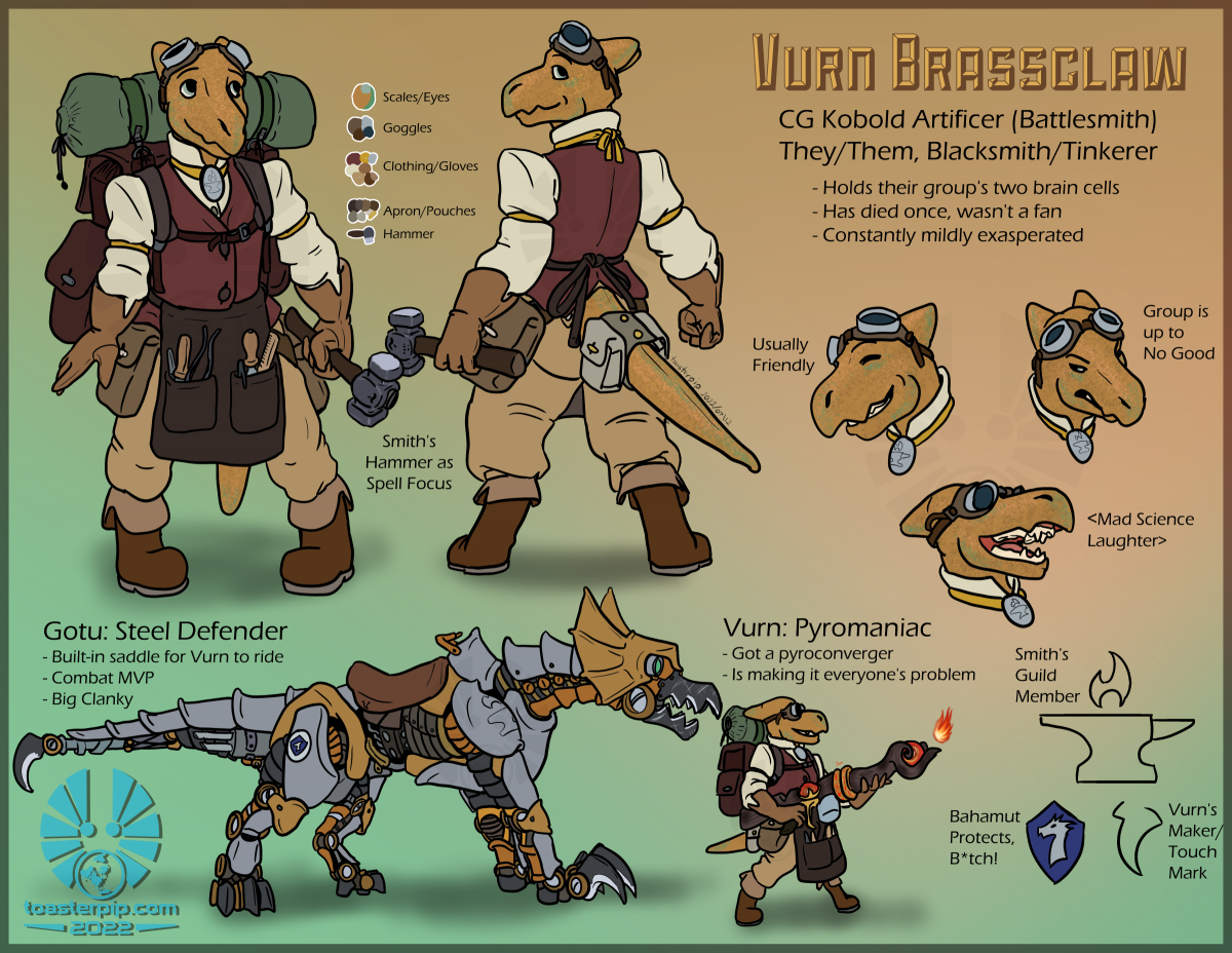 toasterpip character design kobold artificer dnd5e dnd 5e mechanical drake reference sheet battlesmith