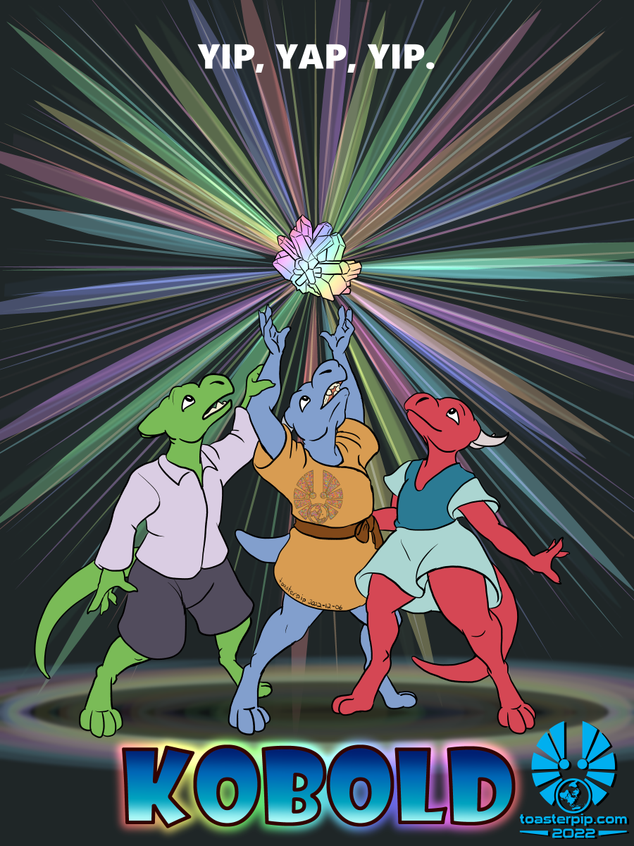 toasterpip kobold character movie poster tron style shiny rock cartoony