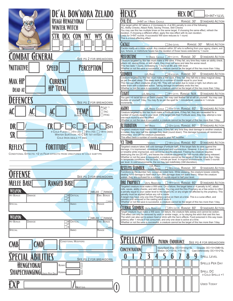 Pathfinder custom character sheet De'Al Zelado pathfinder_rpg winter witch cute bunny