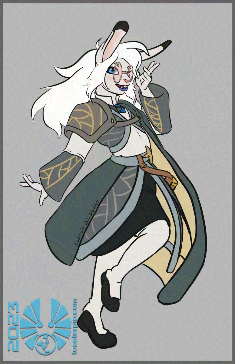toasterpip A full body portrait of Dee, a young snowshoe hare woman. She's depicted midway through a leap, or a skip, smiling towards the viewer. Her outfit is the Strixhaven academy first-year uniform, and she has pink glasses with glittering frames.