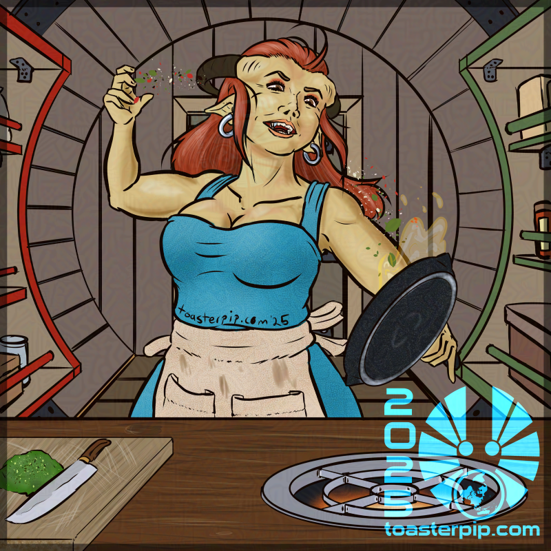 A portrait of a yellow-skinned tiefling woman in her kitchen. She's smiling broadly as she tosses spices into a frying pan with over-the-top gusto. The kitchen around her appears to have been built inside an enormous barrel, with painted shelves holding a variety of ingredients.