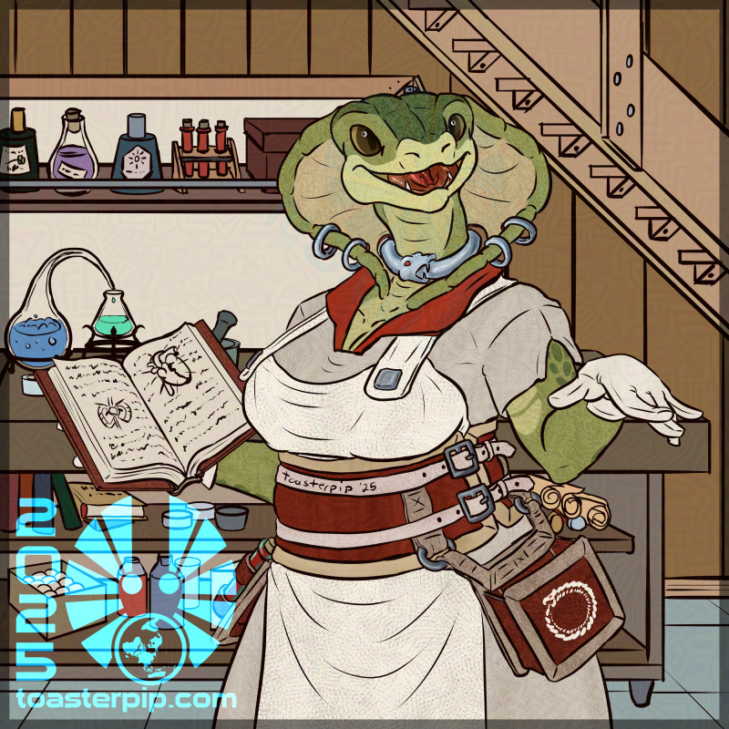 An anthropomorphic snake woman with a generous figure. She looks at someone off-screen with a wide smile and a gesture that could be considered dismissive or conciliatory. Her other hand holds an open anatomy textbook, with a diagram of a heart and circulatory system. She wears robes consisting of a pale dress with red trim, a white apron, and a red leather waistbelt to which is attached a book holster with an orouborous-like emblem painted on it. She has a silver orouborous torc around her neck, with holes cut in her hood to accommodate it. Behind her is a bench filled with alchemy supplies and equipment.