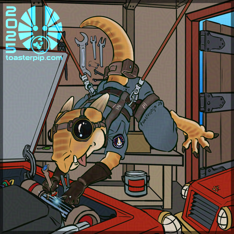 A portrait of a kobold wearing a mechanic's jumpsuit. They have yellow-orange scales with brown stripes along their back, tail, and limbs, while their underside is a pale cream colour. They are hung from some sort of suspension harness, allowing them to work on the motor of a bright red vehicle with some sort of pliers and a welding tool. A pair of dark goggles is strapped over their eyes. In the background, there is the front of another similar vehicle, and tools mounted on the wall.